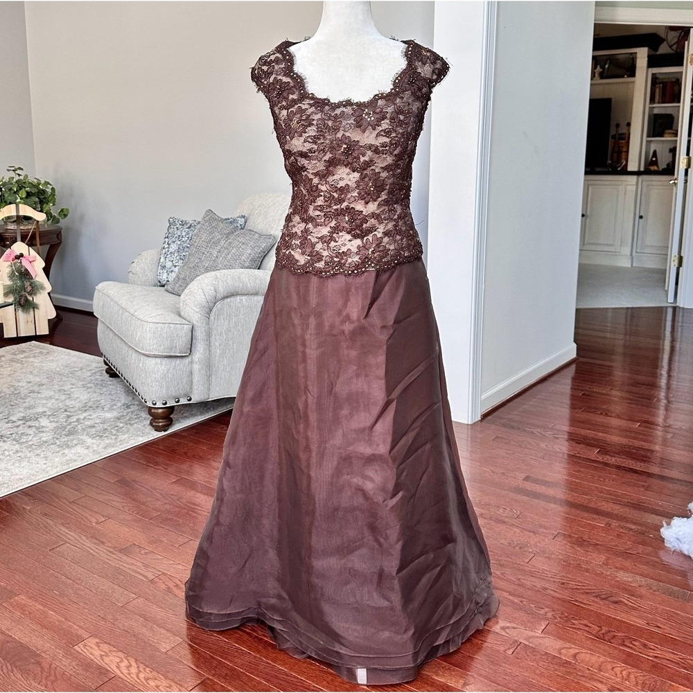 Montage Mon Cheri Brown Beaded Embellished Luxury Formal Gown Dress